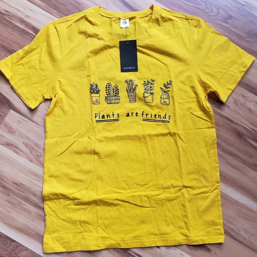 Blackmyth "Plants are Friends" golden yellow graphic tshirt Size Large NEW